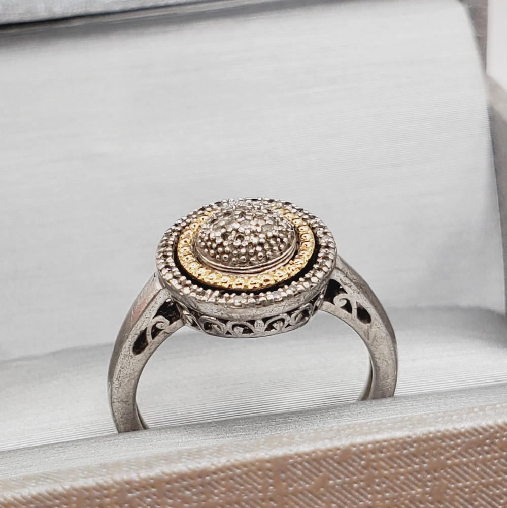 14k 925 Two Tone Sterling Silver & Yellow Gold Genuine Diamond Circle Dome Ring - Picture 2 of 6